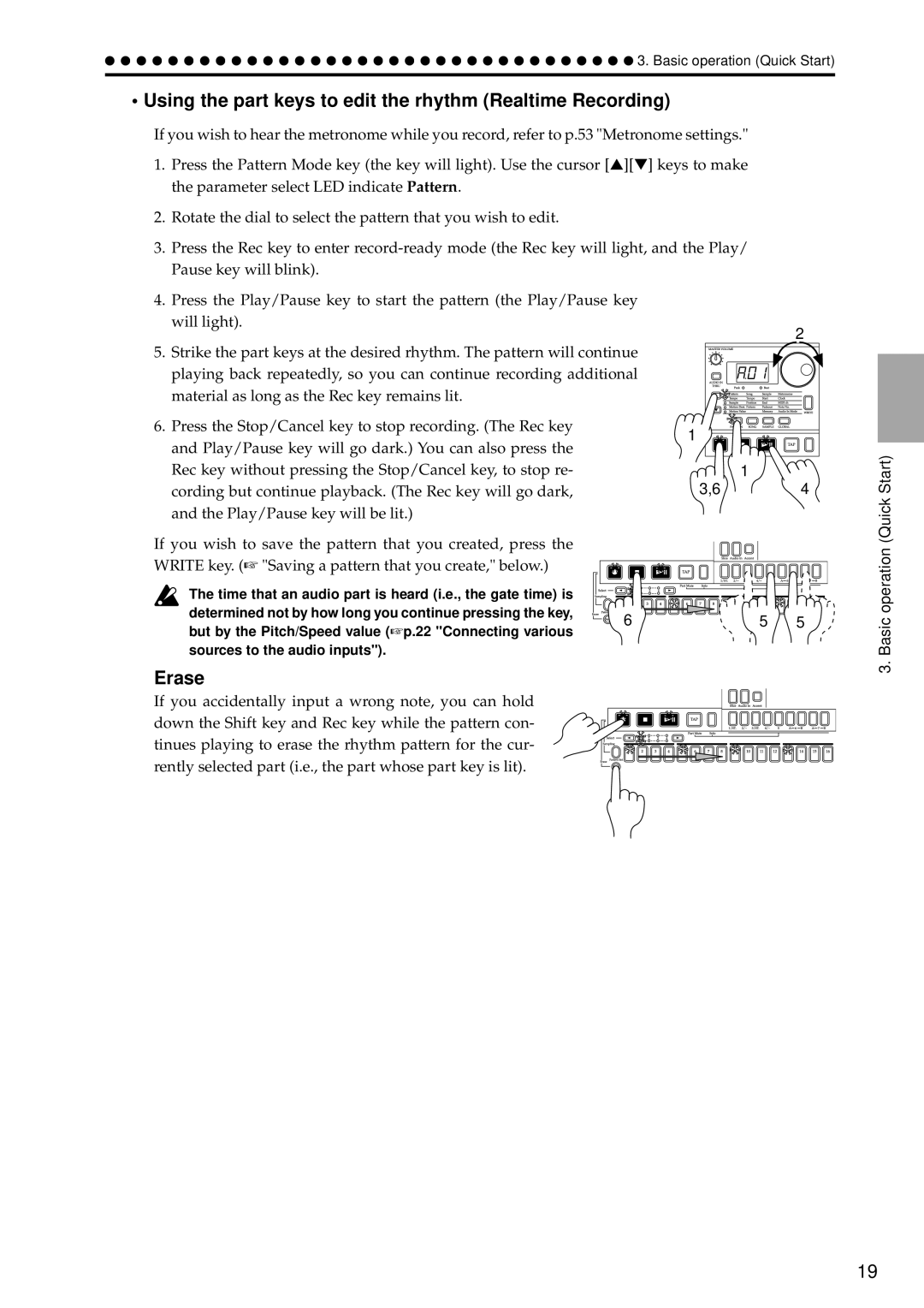 Korg ES-1 manual Using the part keys to edit the rhythm Realtime Recording, Erase 