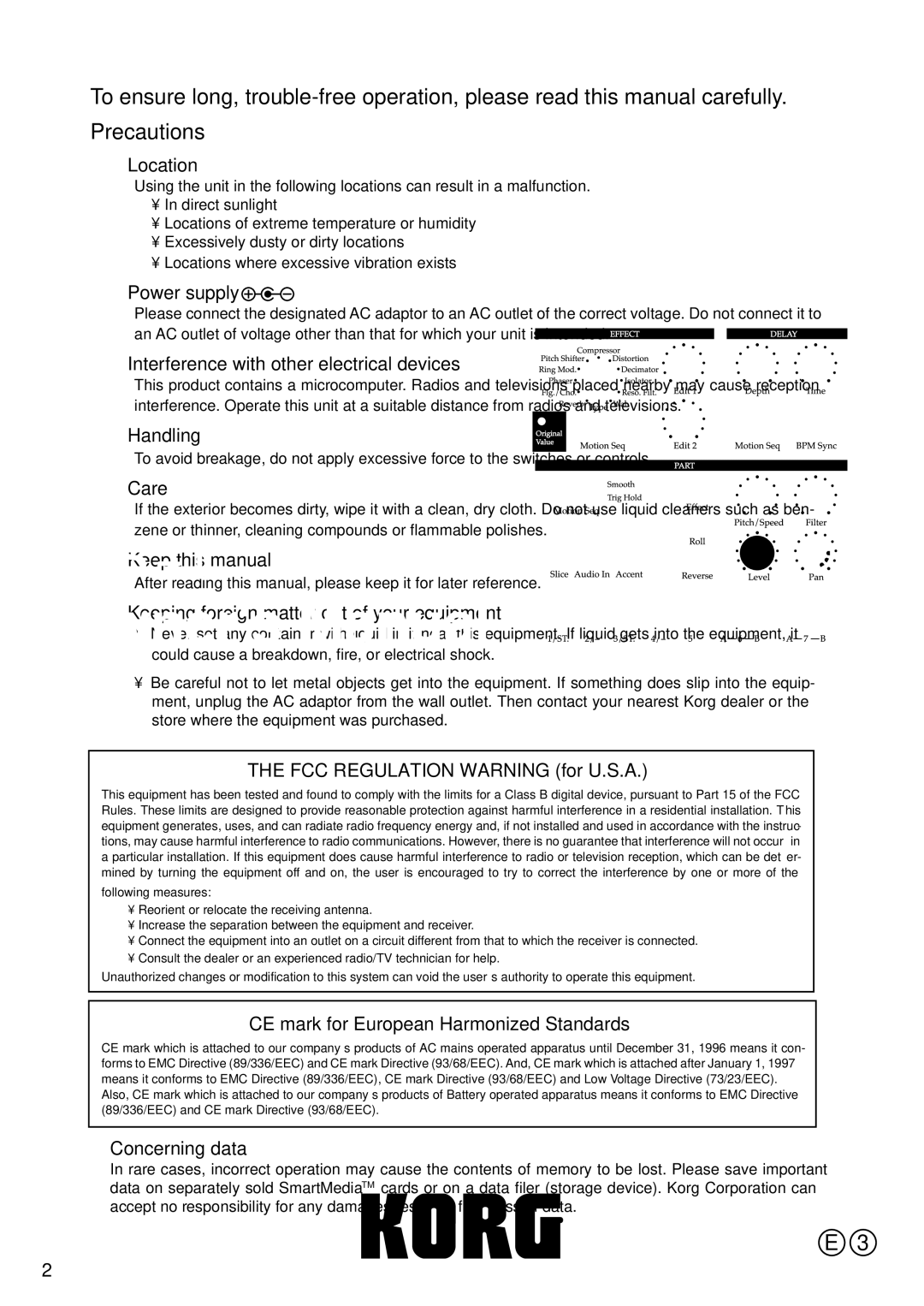 Korg ES-1 manual FCC Regulation Warning for U.S.A, CE mark for European Harmonized Standards 