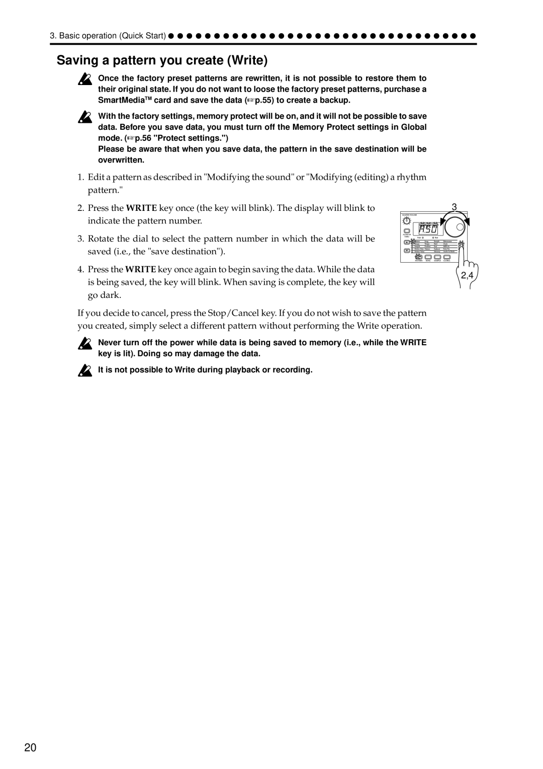 Korg ES-1 manual Saving a pattern you create Write 