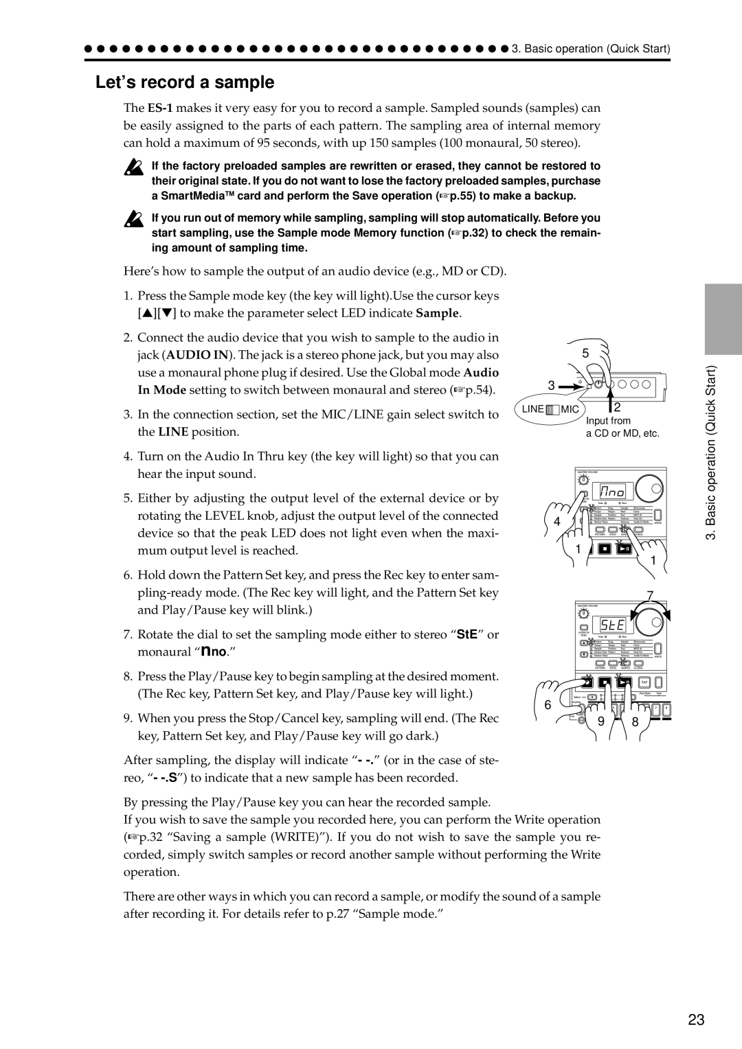 Korg ES-1 manual Let’s record a sample, Input from CD or MD, etc 