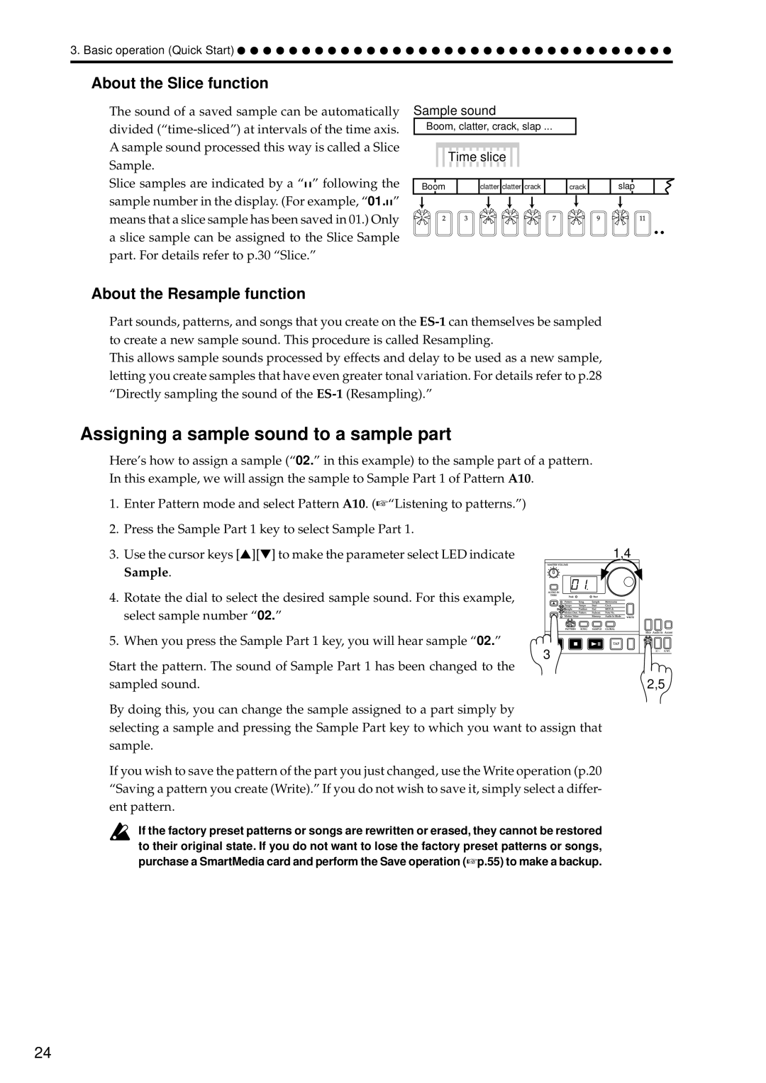 Korg ES-1 Assigning a sample sound to a sample part, About the Slice function, About the Resample function, Sample sound 