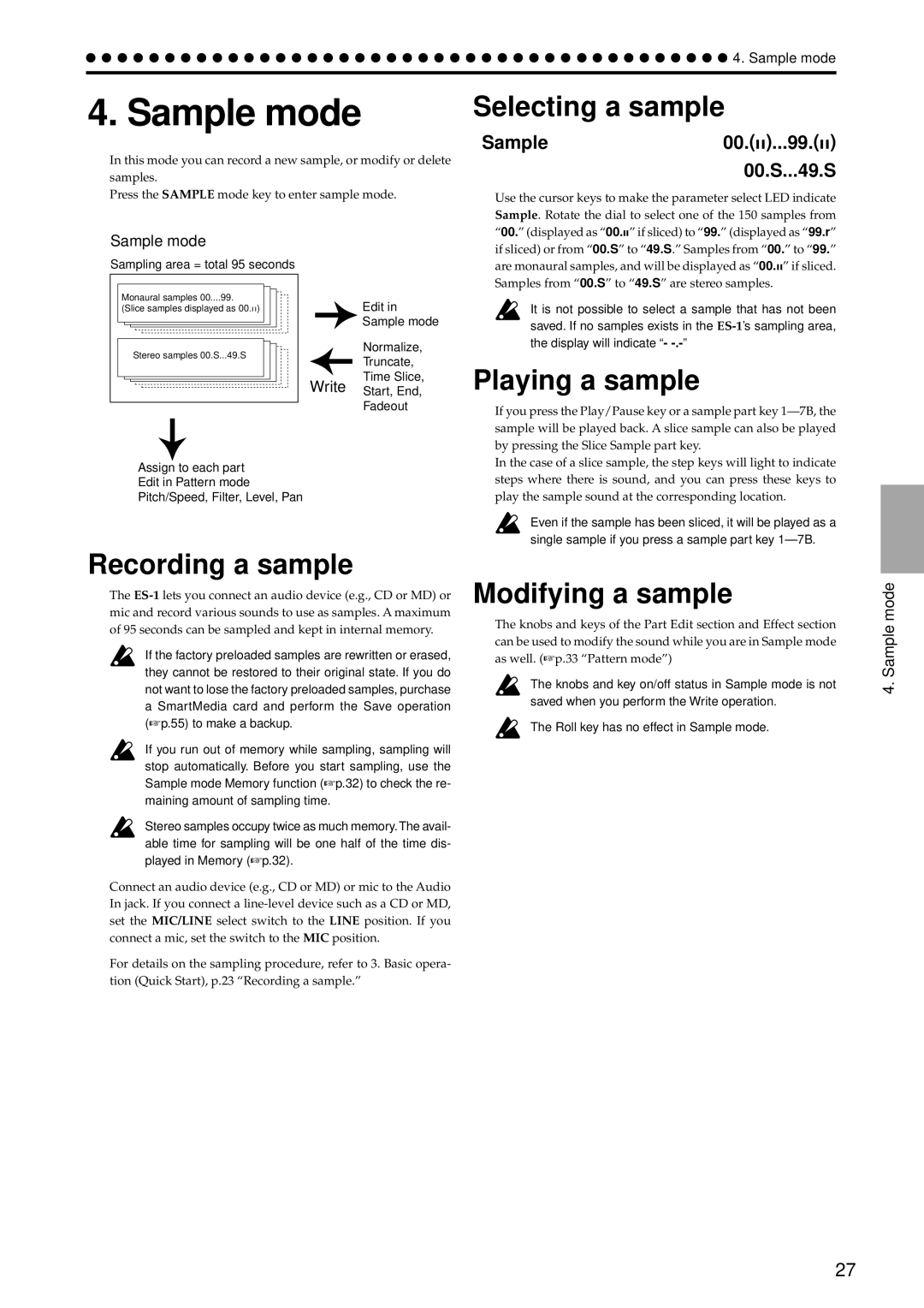 Korg ES-1 manual Sample mode, Selecting a sample, Playing a sample, Recording a sample, Modifying a sample 