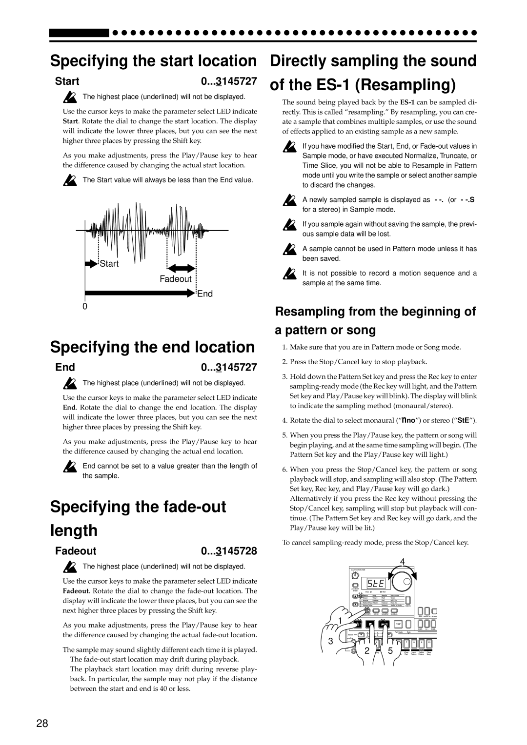 Korg ES-1 manual Specifying the start location, Specifying the end location, Specifying the fade-out Length 