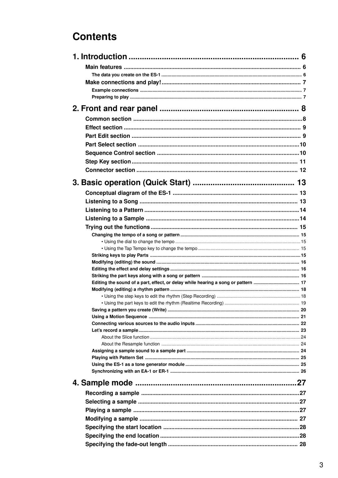 Korg ES-1 manual Contents 