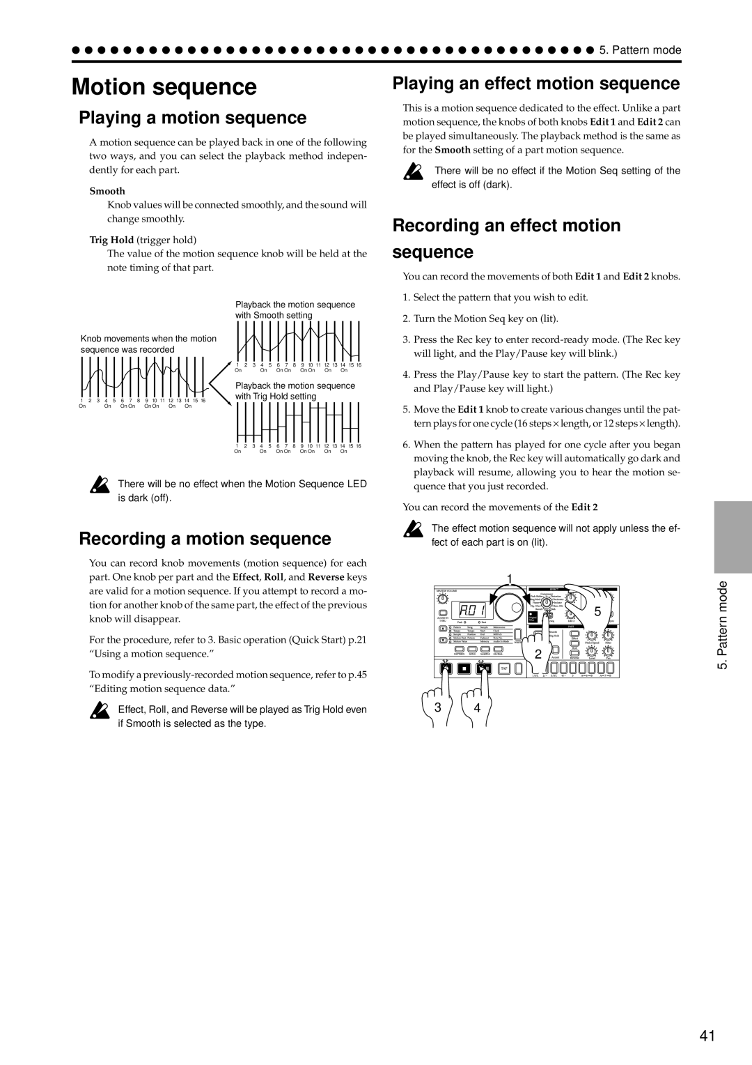 Korg ES-1 manual Motion sequence, Playing a motion sequence, Recording a motion sequence, Playing an effect motion sequence 