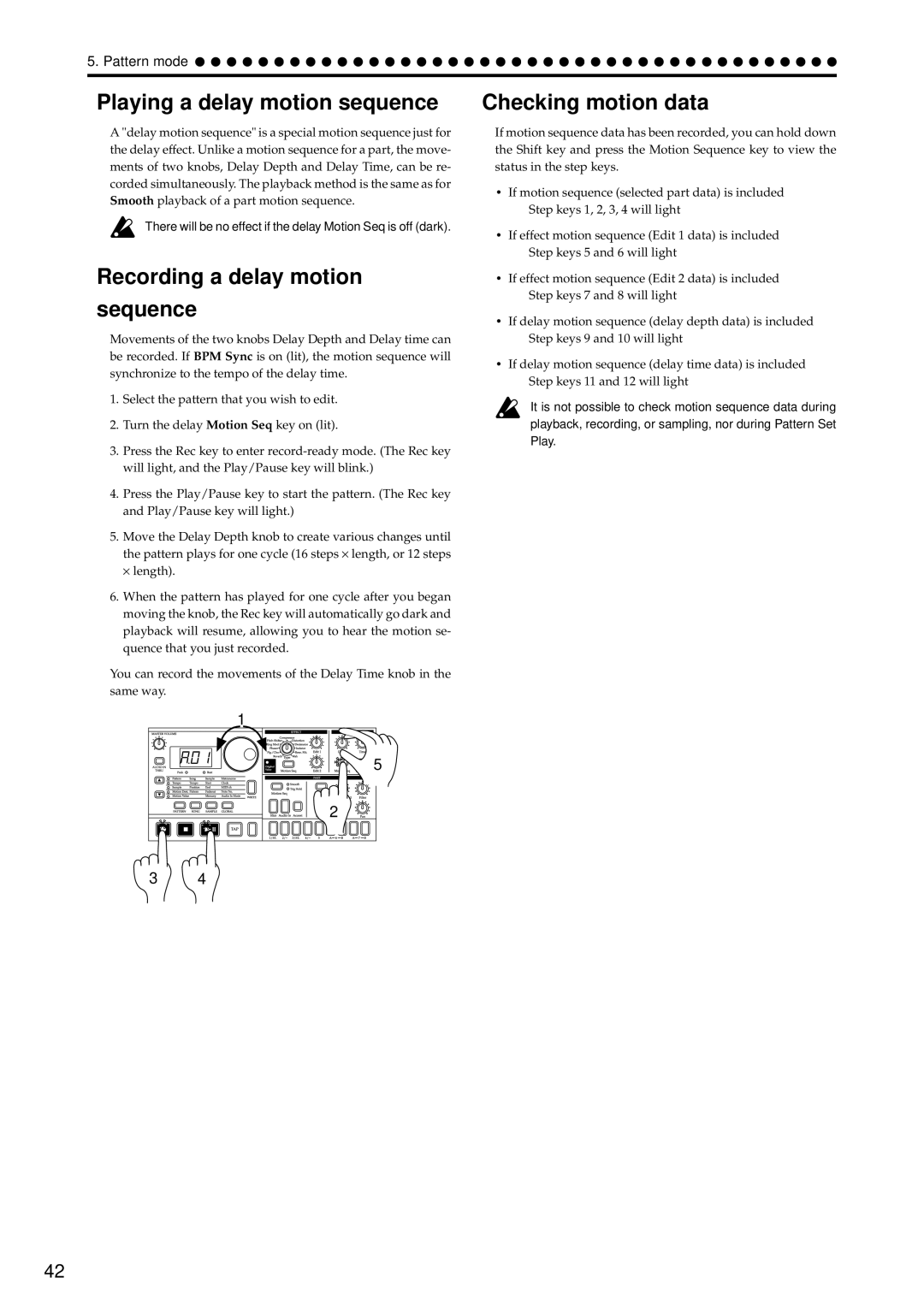 Korg ES-1 manual Playing a delay motion sequence, Recording a delay motion Sequence, Checking motion data 