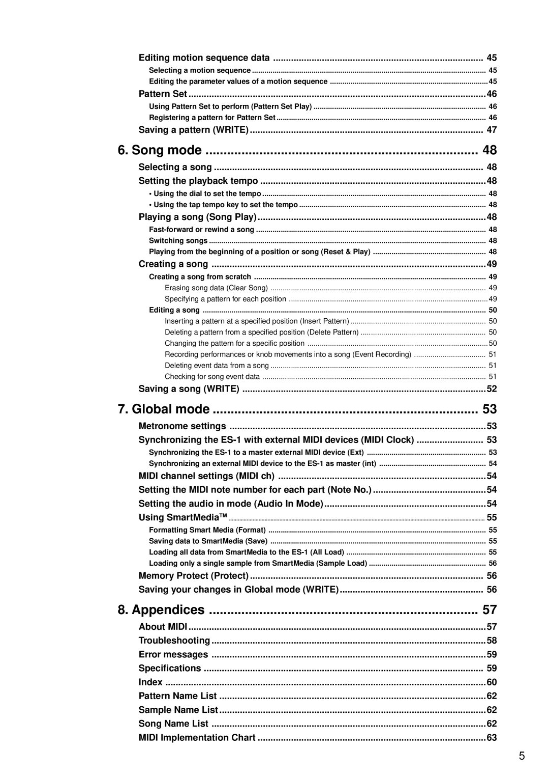 Korg ES-1 manual Song mode, Global mode, Appendices 