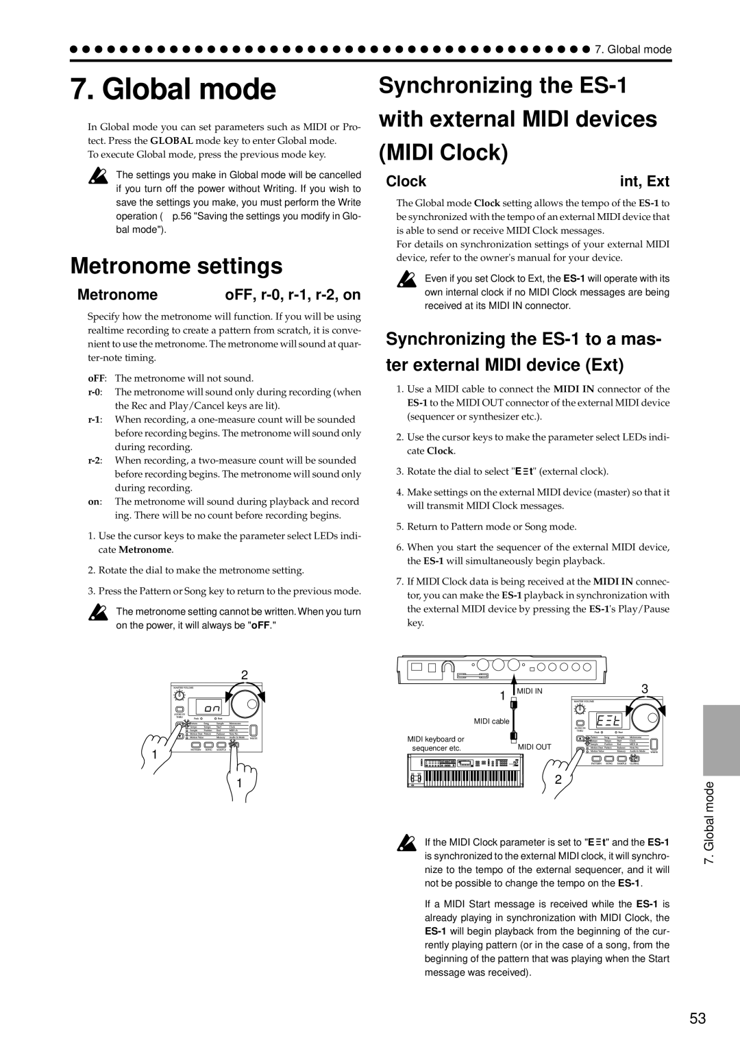 Korg ES-1 manual Global mode, Metronome settings, Metronome OFF, r-0, r-1, r-2, on, Clock Int, Ext 