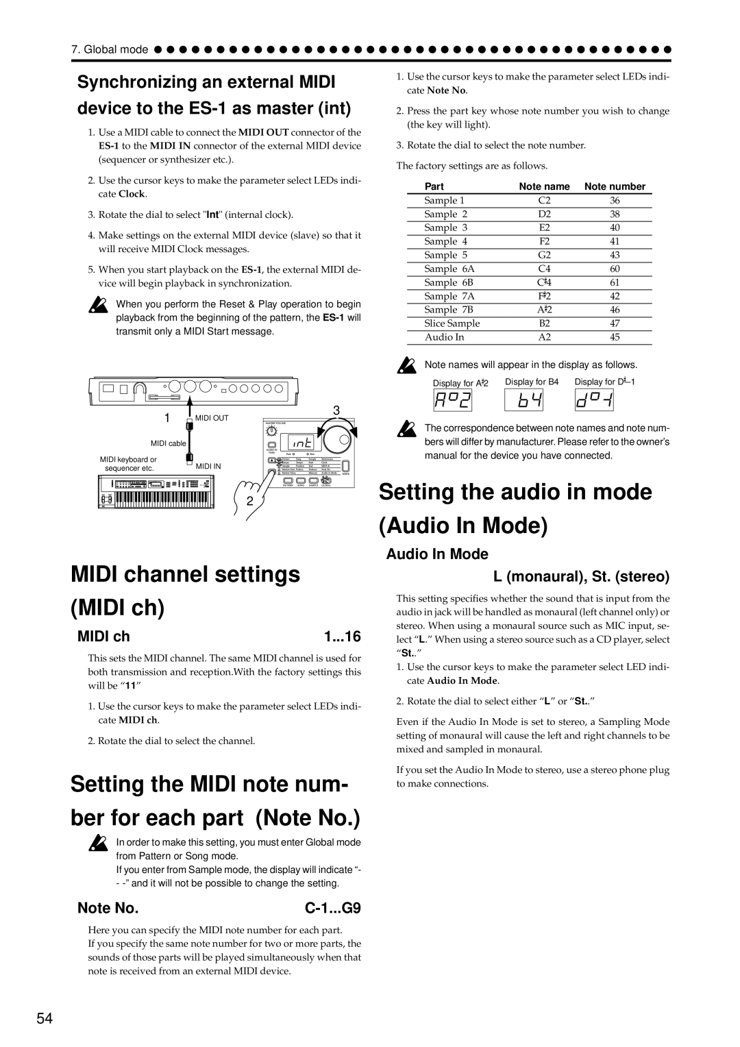 Korg ES-1 manual Setting the Midi note num Ber for each part Note No, Midi ch, Audio In Mode Monaural, St. stereo 