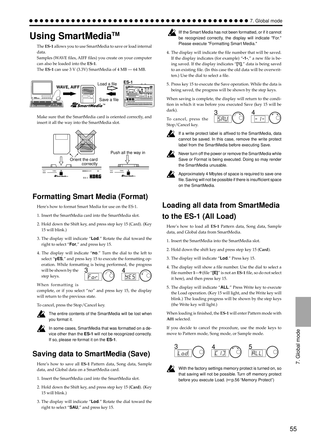 Korg manual Using SmartMediaTM, Formatting Smart Media Format, Loading all data from SmartMedia To the ES-1 All Load 