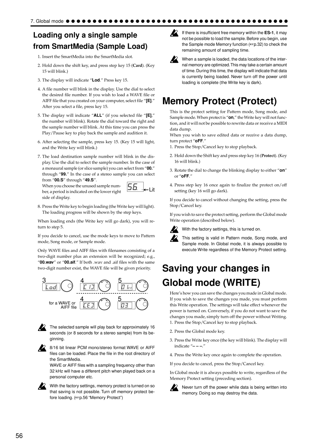 Korg ES-1 Memory Protect Protect, Saving your changes Global mode Write, With the factory settings, this is turned on 