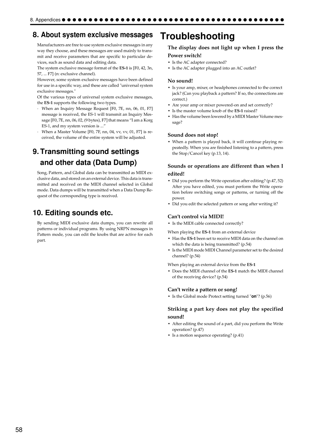 Korg ES-1 manual Troubleshooting, Transmitting sound settings Other data Data Dump, Editing sounds etc 