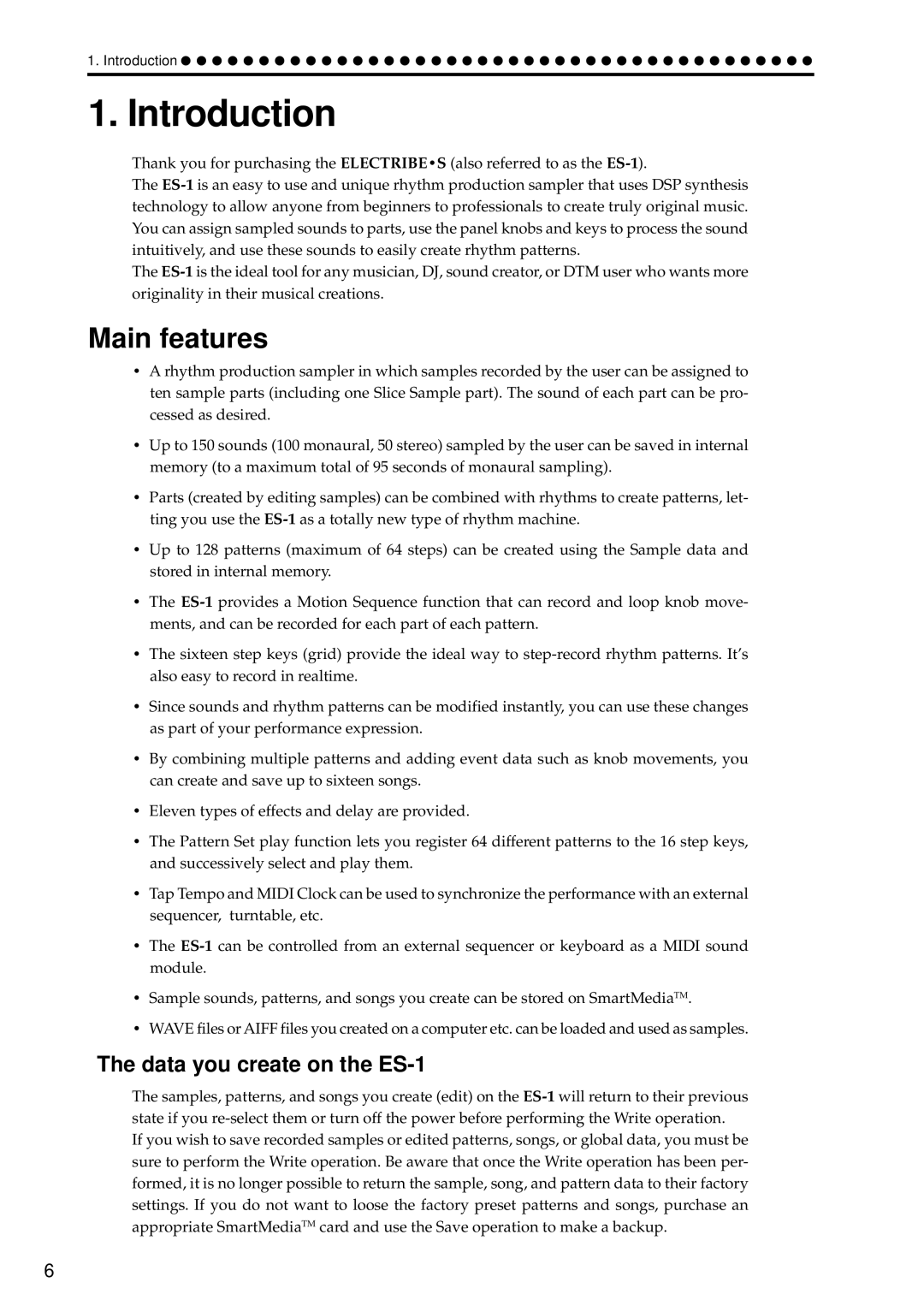 Korg manual Introduction, Main features, Data you create on the ES-1 