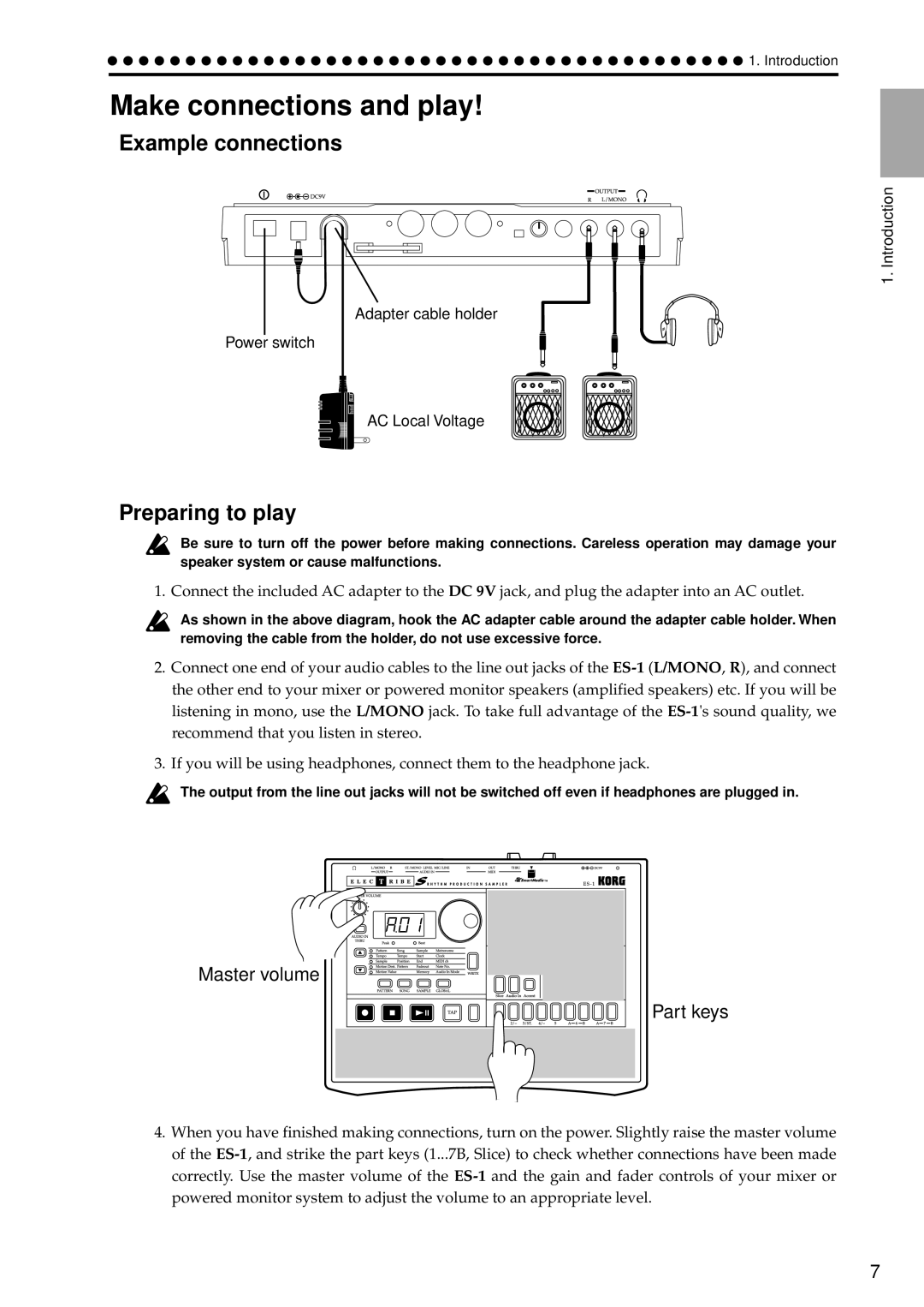 Korg ES-1 manual Make connections and play, Example connections, Preparing to play, Introduction 