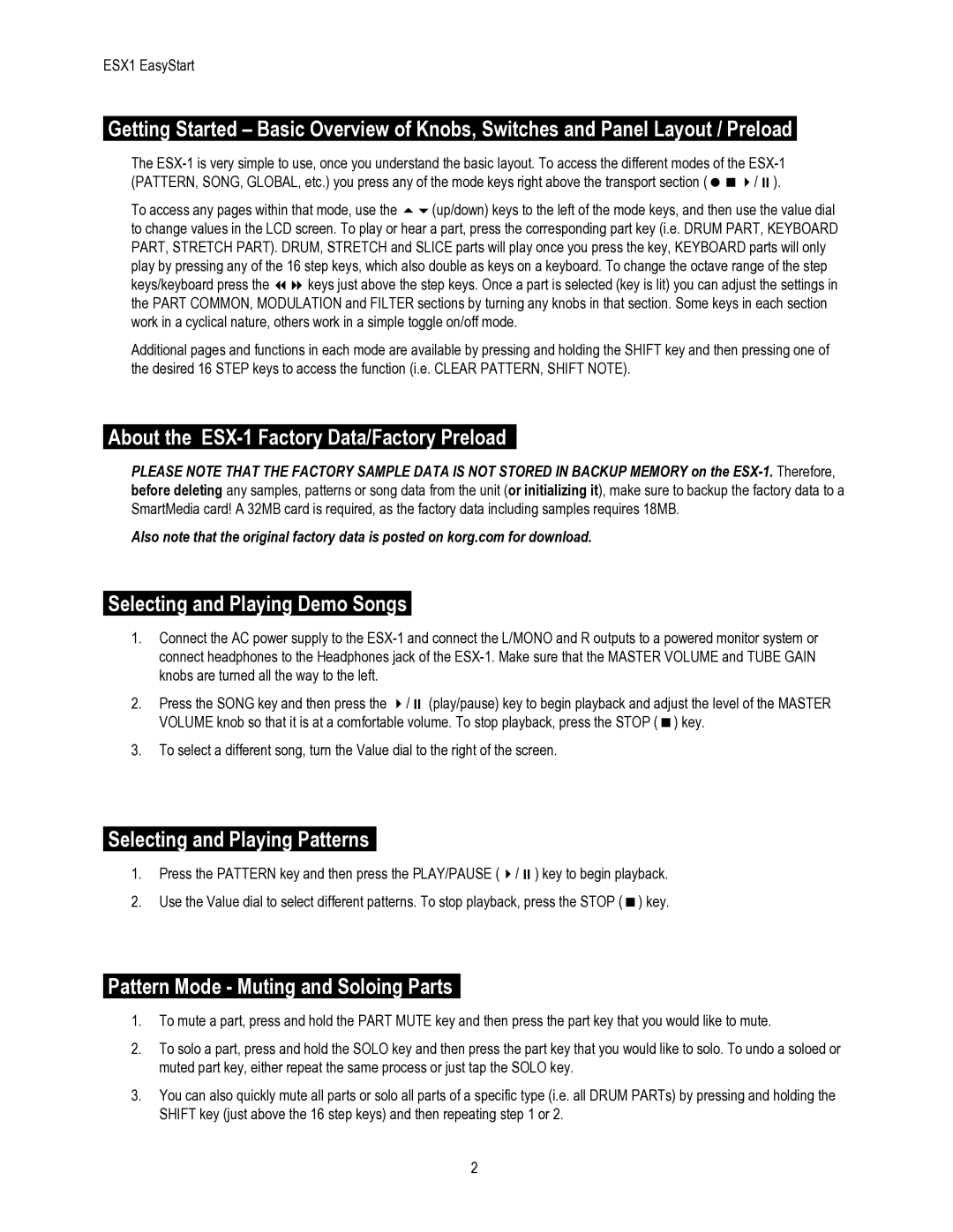 Korg About the ESX-1 Factory Data/Factory Preload, Selecting and Playing Demo Songs, Selecting and Playing Patterns 