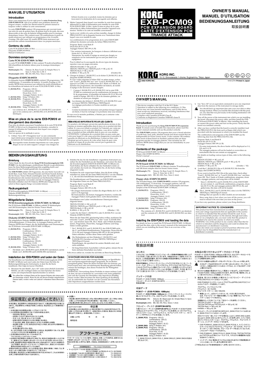 Korg EXB-PCM09 owner manual Introduction, Contenu du colis, Données comprises, Packungsinhalt, Mitgelieferte Daten 