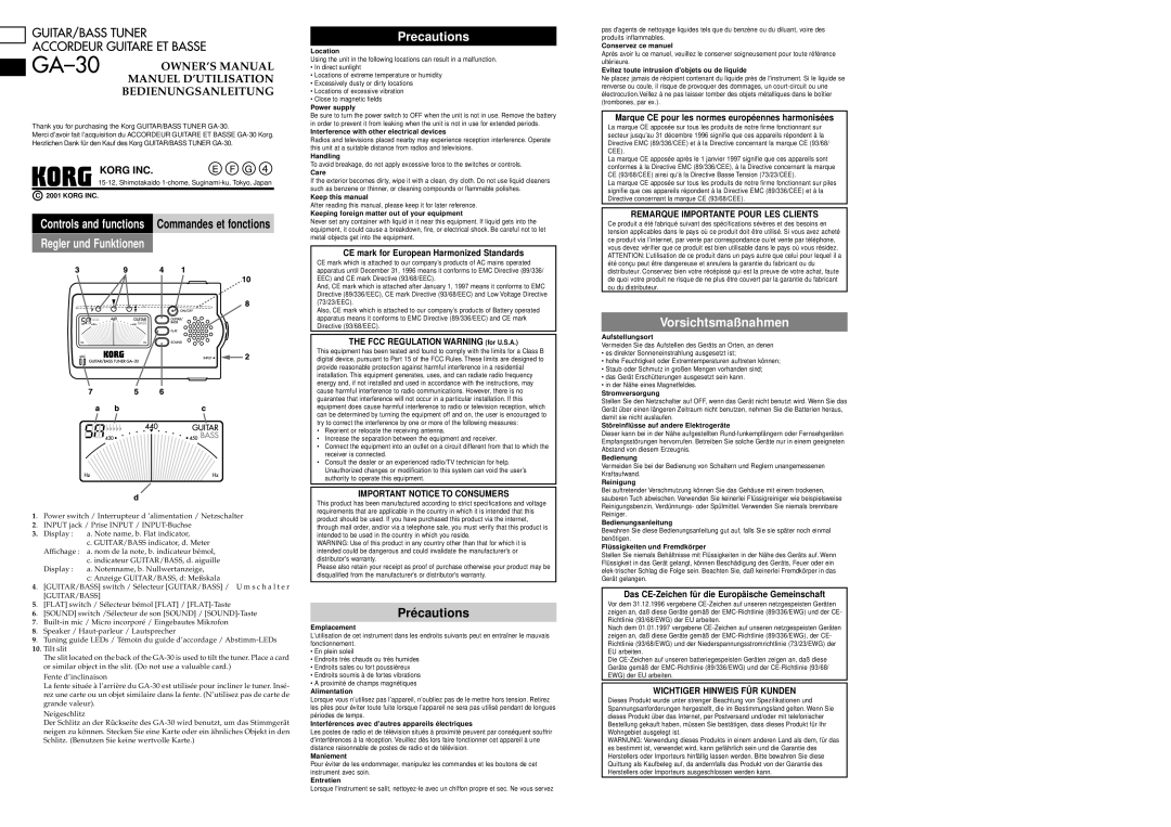 Korg GA-30 owner manual Regler und Funktionen, Precautions, Vorsichtsmaßnahmen 