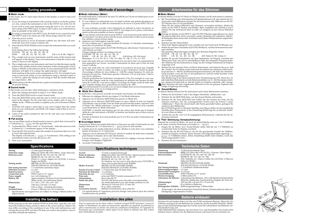 Korg GA-30 Tuning procedure, Specifications, Arbeitsweise für das Stimmen, Technische Daten, Installing the battery 