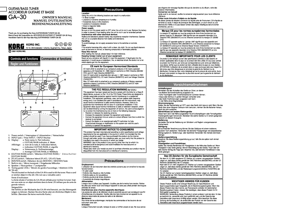 Korg GA-30 owner manual Regler und Funktionen, Precautions, Précautions, Vorsichtsmaßnahmen, Korg Inc 