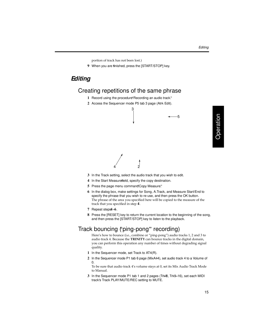 Korg HDR-TRI manual Editing, Creating repetitions of the same phrase, Track bouncing ping-pong recording 