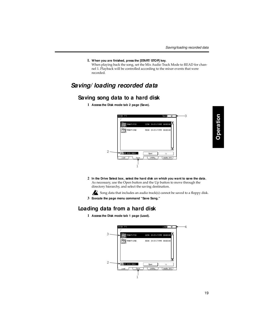 Korg HDR-TRI manual Saving/loading recorded data, Saving song data to a hard disk, Loading data from a hard disk 