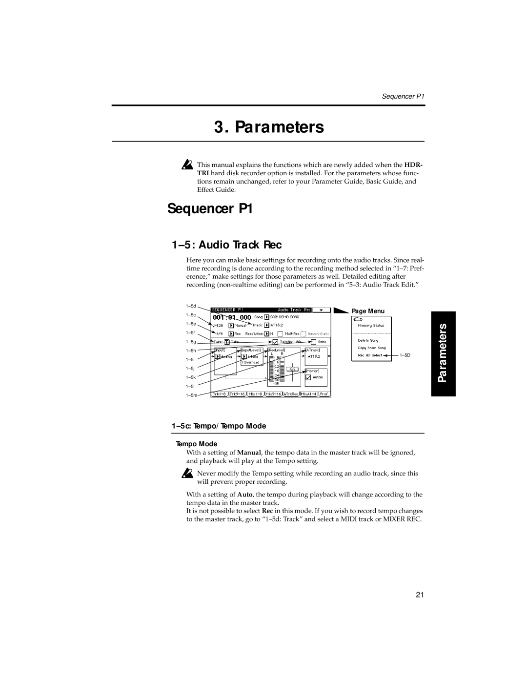 Korg HDR-TRI manual Audio Track Rec, 5c Tempo/Tempo Mode, Menu 