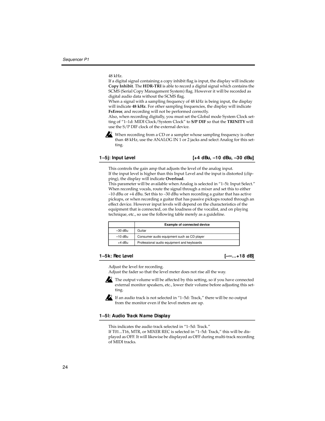 Korg HDR-TRI manual 5j Input Level, 5l Audio Track Name Display, +4 dBu, -10 dBu, -30 dBu, ∞ ...+18 dB 