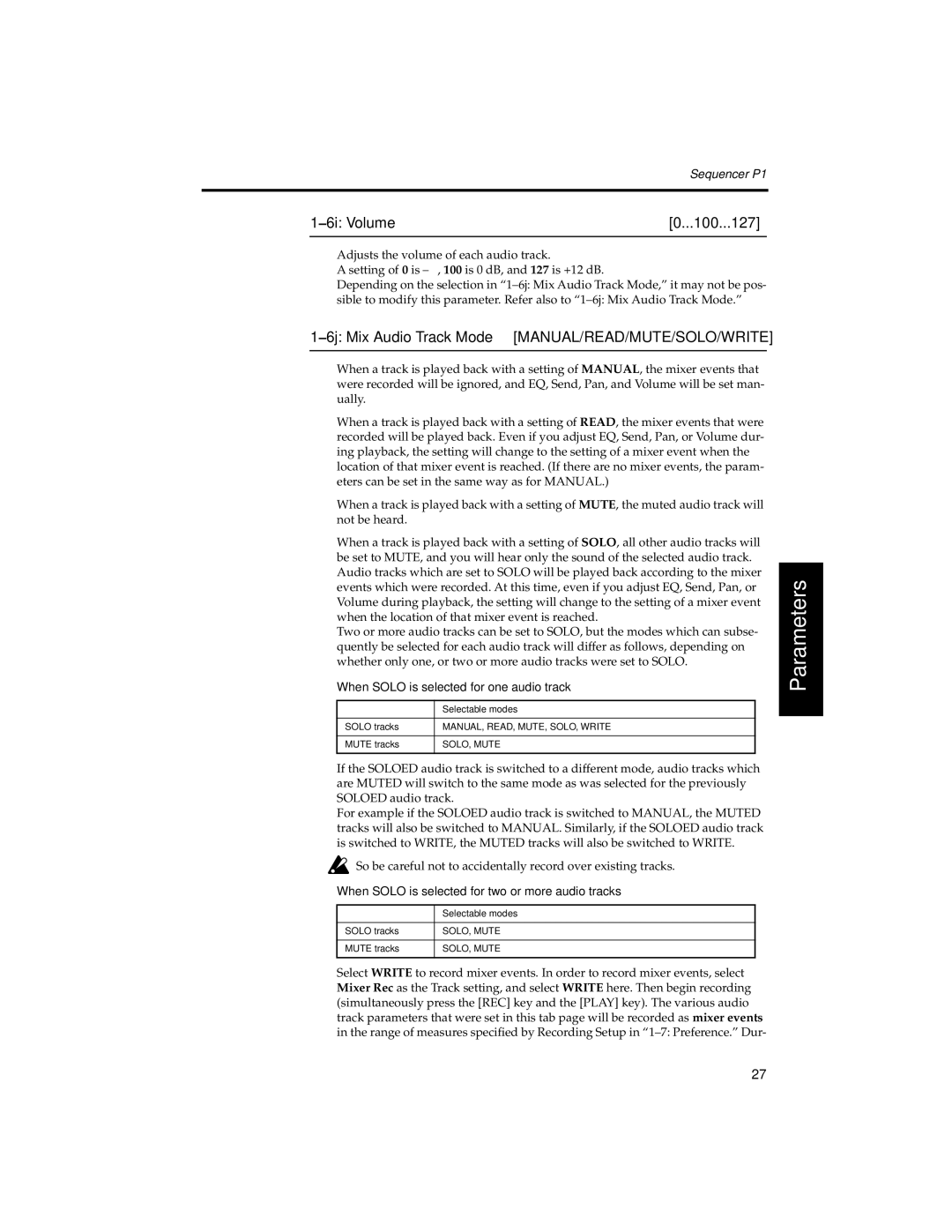 Korg HDR-TRI manual 6i Volume 100...127, 6j Mix Audio Track Mode MANUAL/READ/MUTE/SOLO/WRITE 