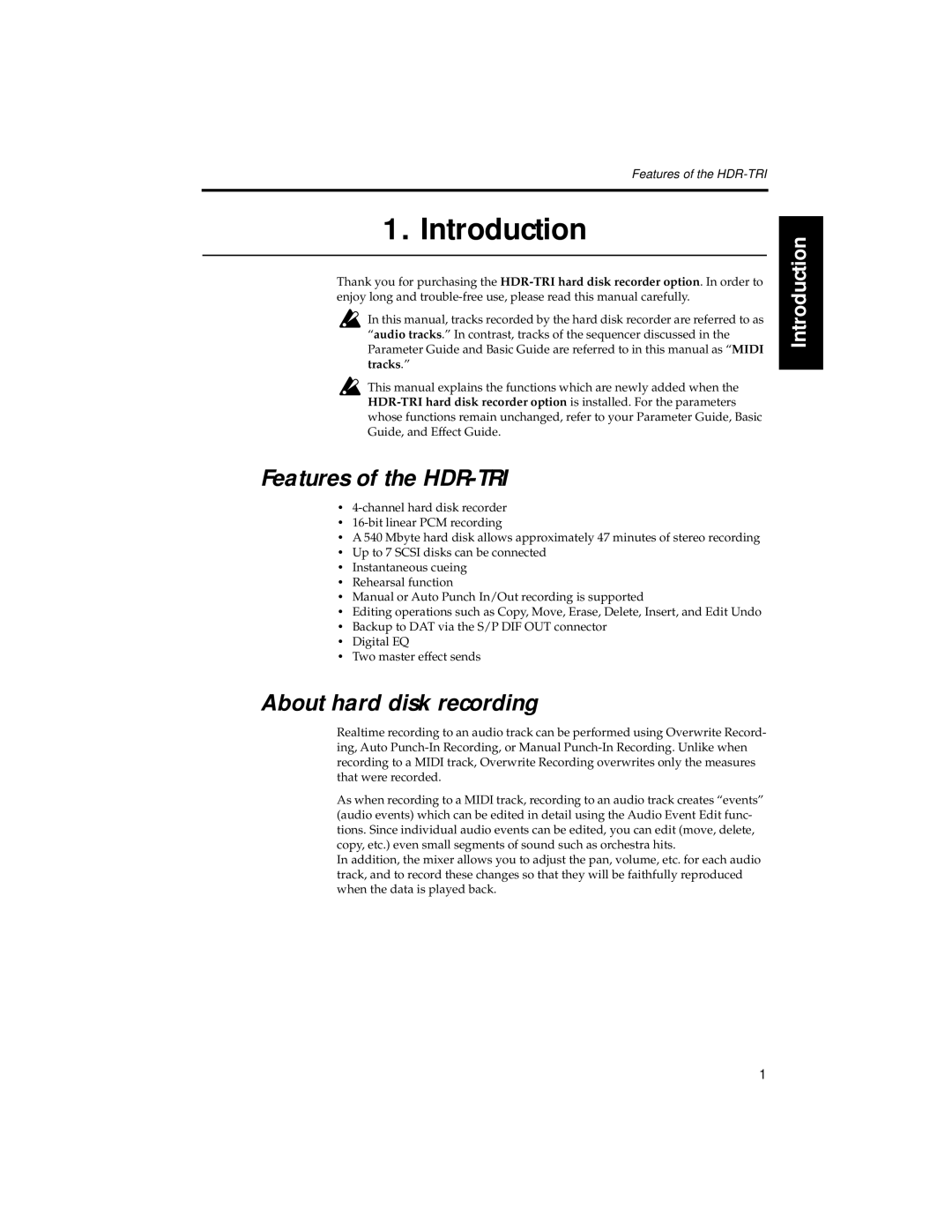 Korg manual Features of the HDR-TRI, About hard disk recording 