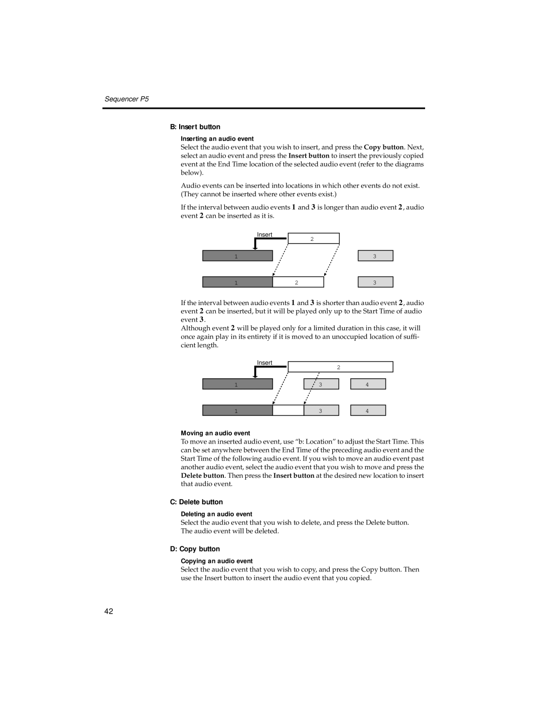 Korg HDR-TRI manual Inserting an audio event, Moving an audio event, Deleting an audio event, Copying an audio event 