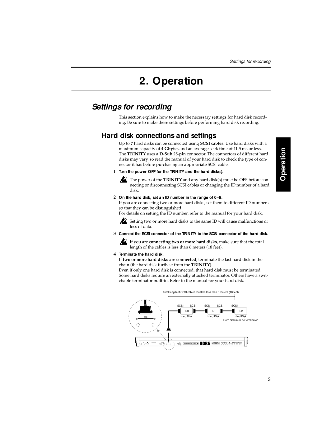 Korg HDR-TRI Settings for recording, Hard disk connections and settings, On the hard disk, set an ID number in the range 