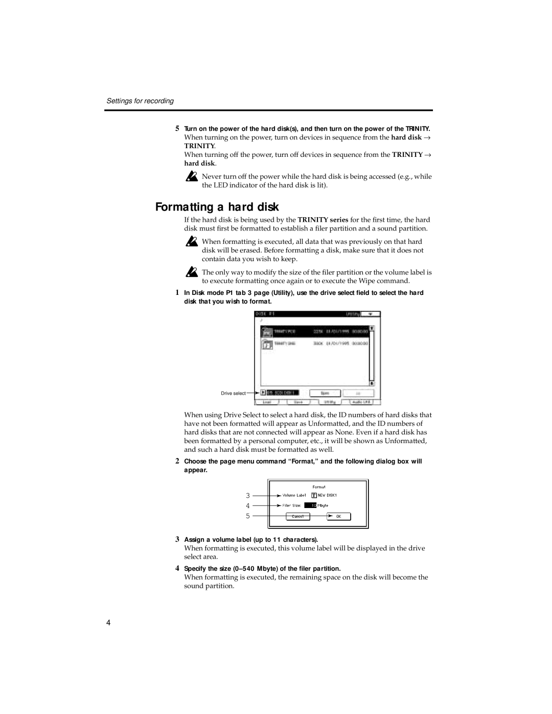 Korg HDR-TRI manual Formatting a hard disk, Specify the size 0-540 Mbyte of the ﬁler partition 