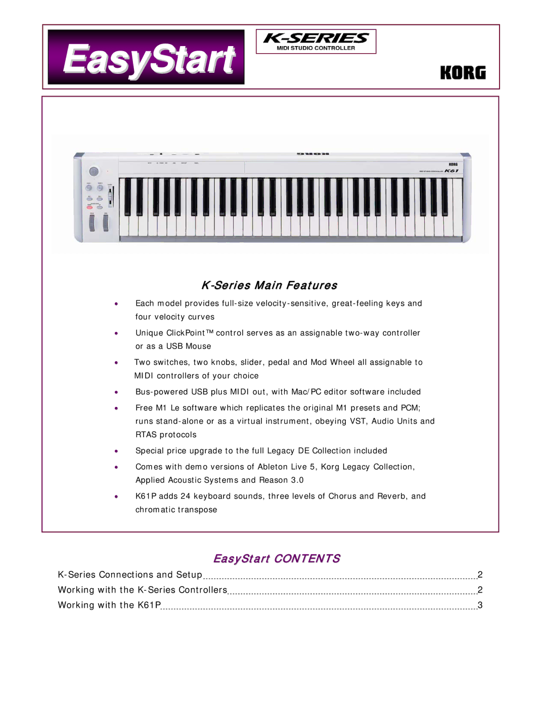 Korg K Series manual EasyStart Contents 