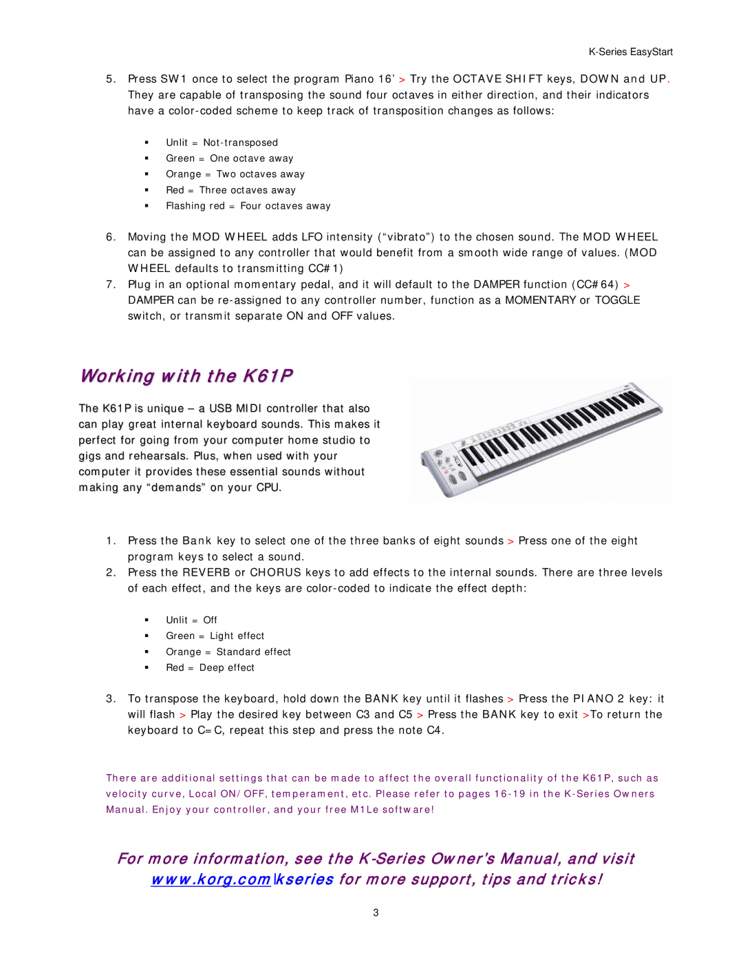 Korg K Series manual Working with the K61P 