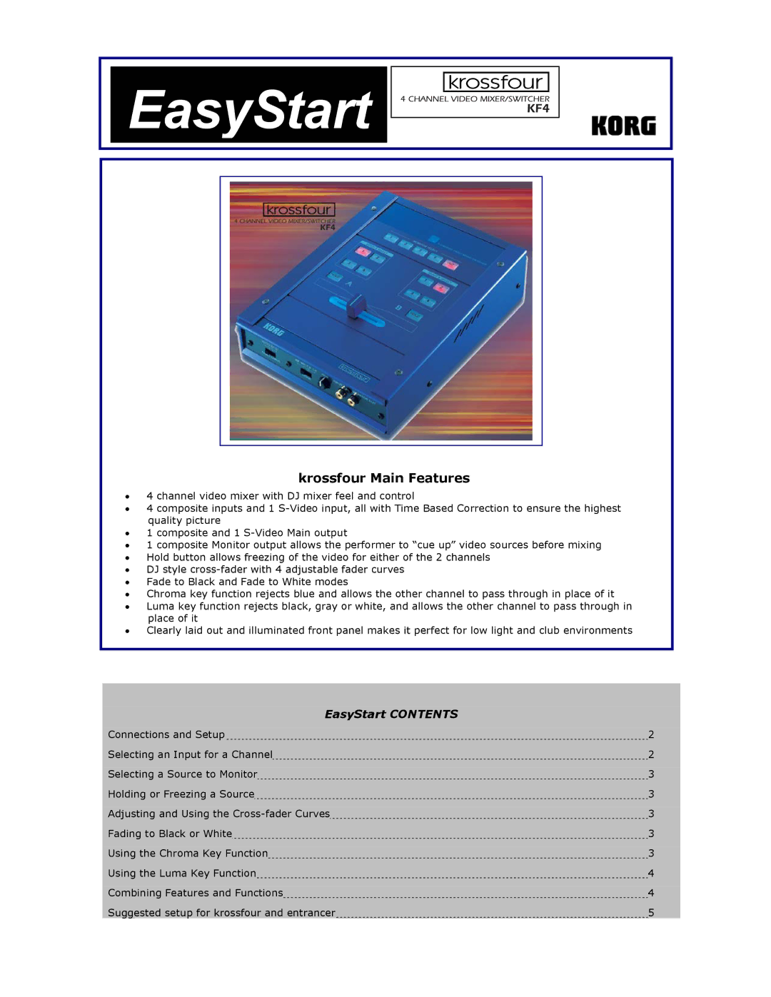 Korg KF4 manual EasyStart, Krossfour Main Features 