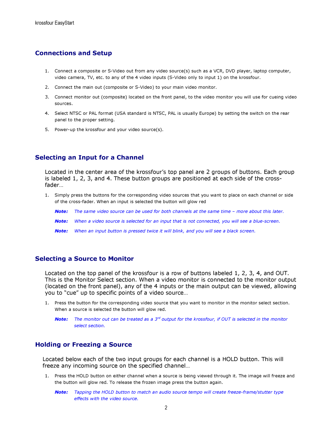 Korg KF4 manual Connections and Setup, Selecting an Input for a Channel, Selecting a Source to Monitor 