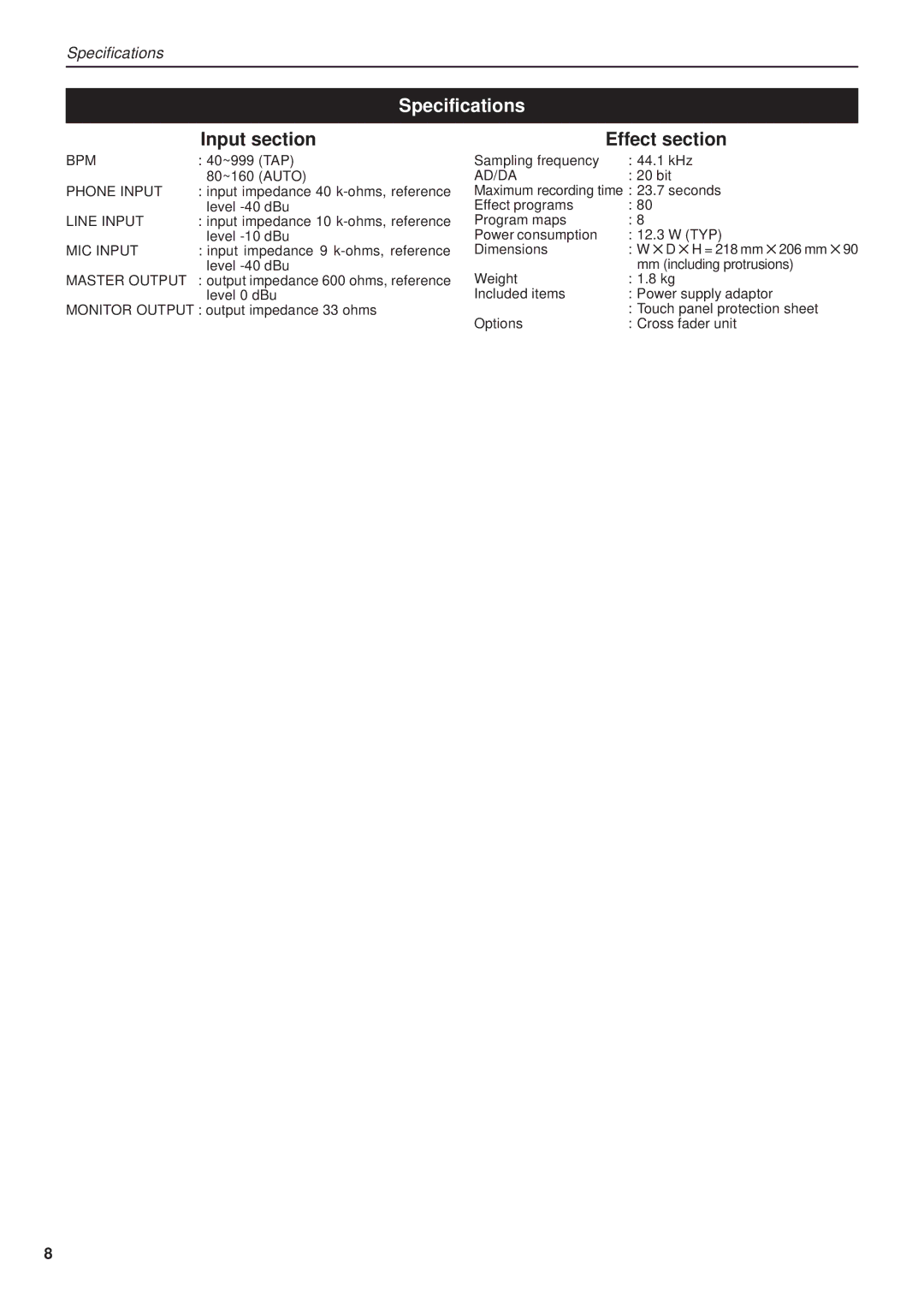 Korg KM-2 manual Specifications, Input section Effect section 