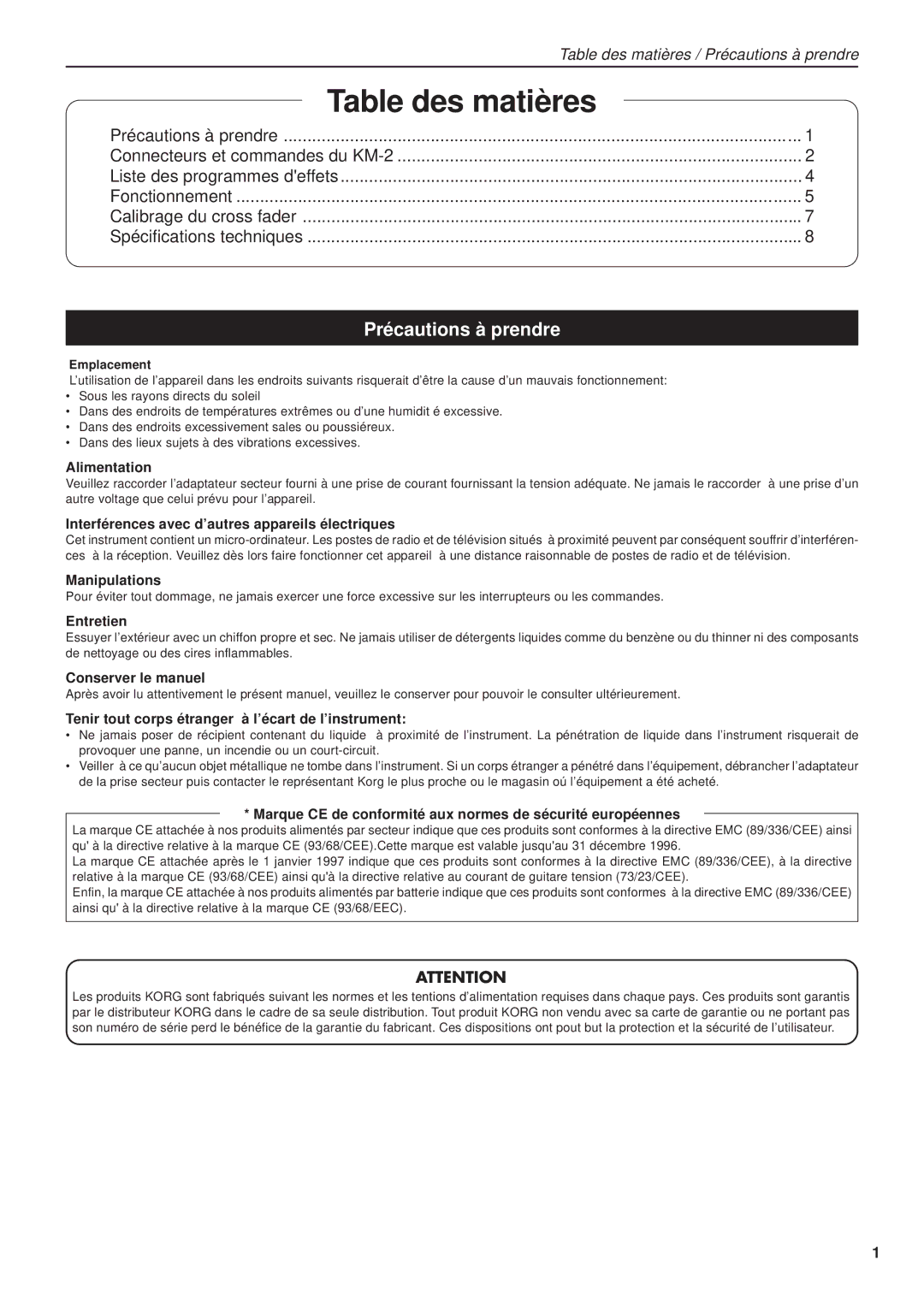 Korg KM-2 manual Précautions à prendre, Emplacement 