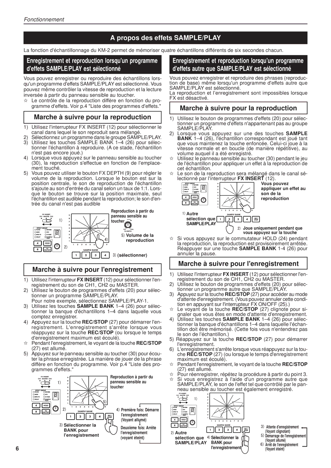 Korg KM-2 manual Propos des effets SAMPLE/PLAY, Marche à suivre pour la reproduction, Marche à suivre pour lenregistrement 