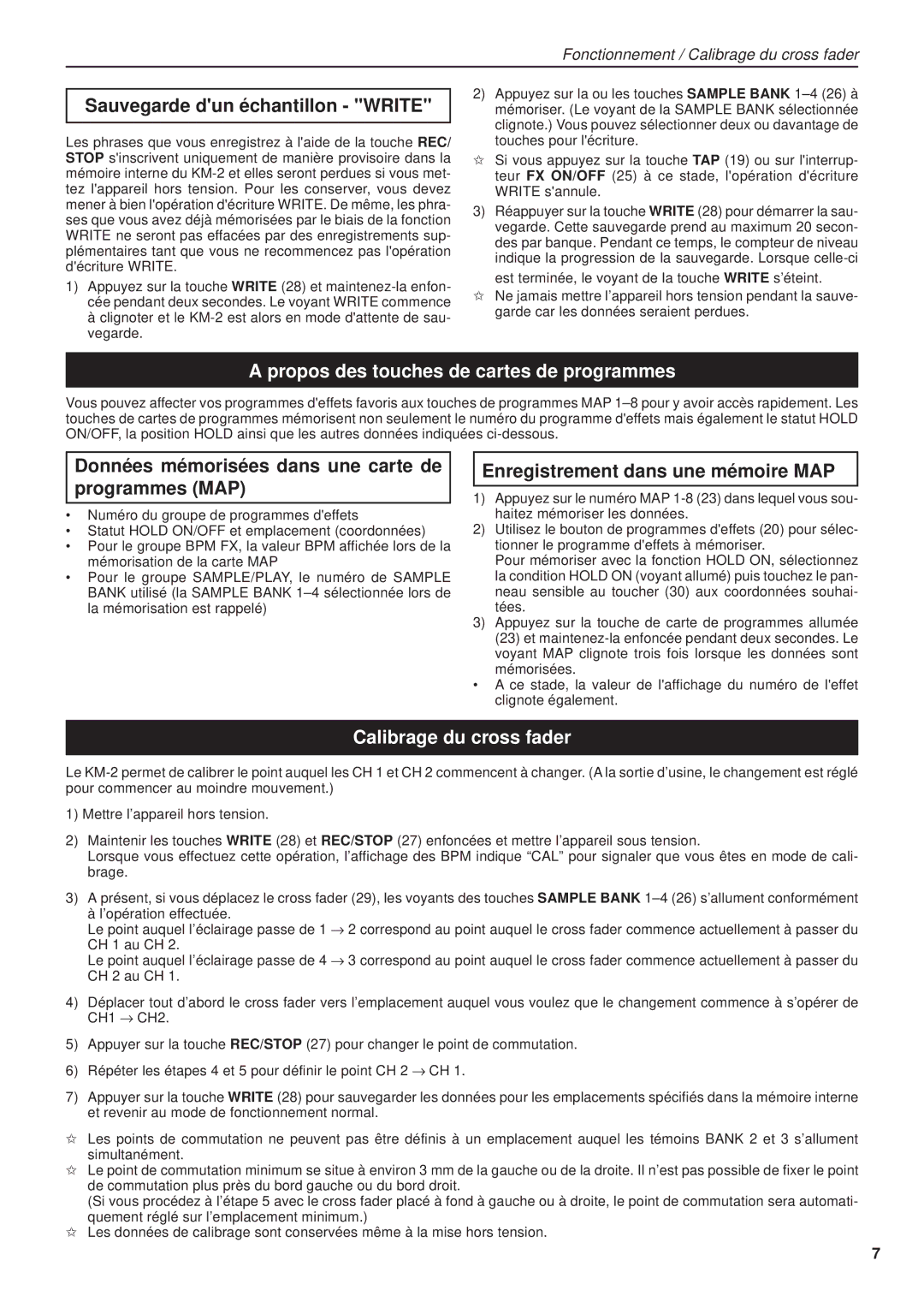 Korg KM-2 manual Sauvegarde dun échantillon Write, Propos des touches de cartes de programmes, Calibrage du cross fader 