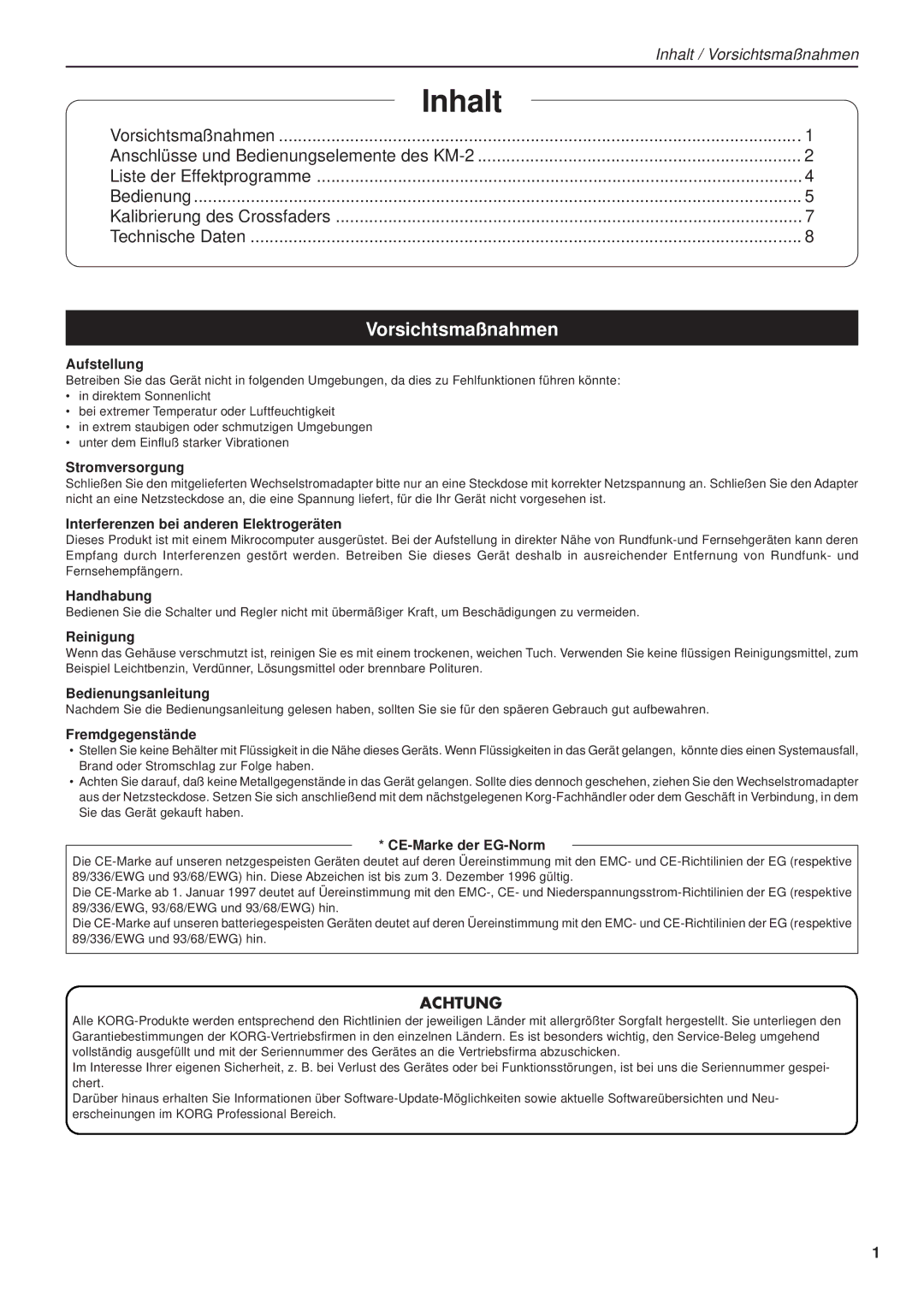 Korg KM-2 manual Inhalt, Vorsichtsmaßnahmen 