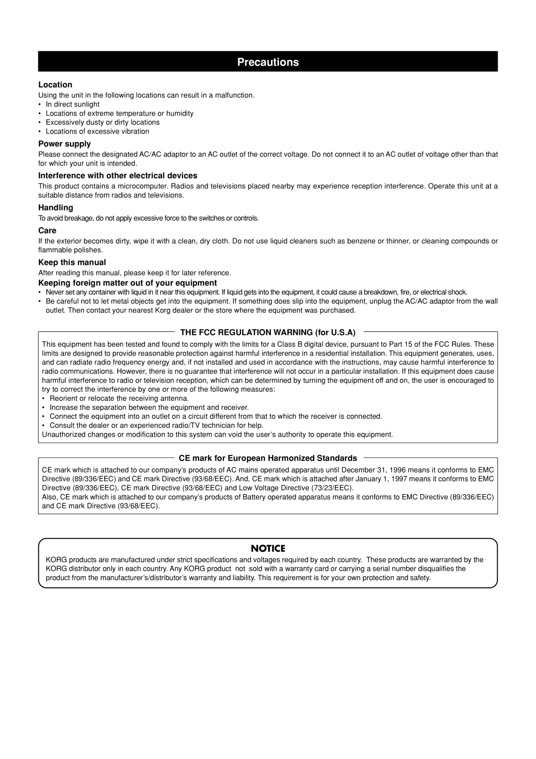 Korg KM-2 manual Precautions, Location 