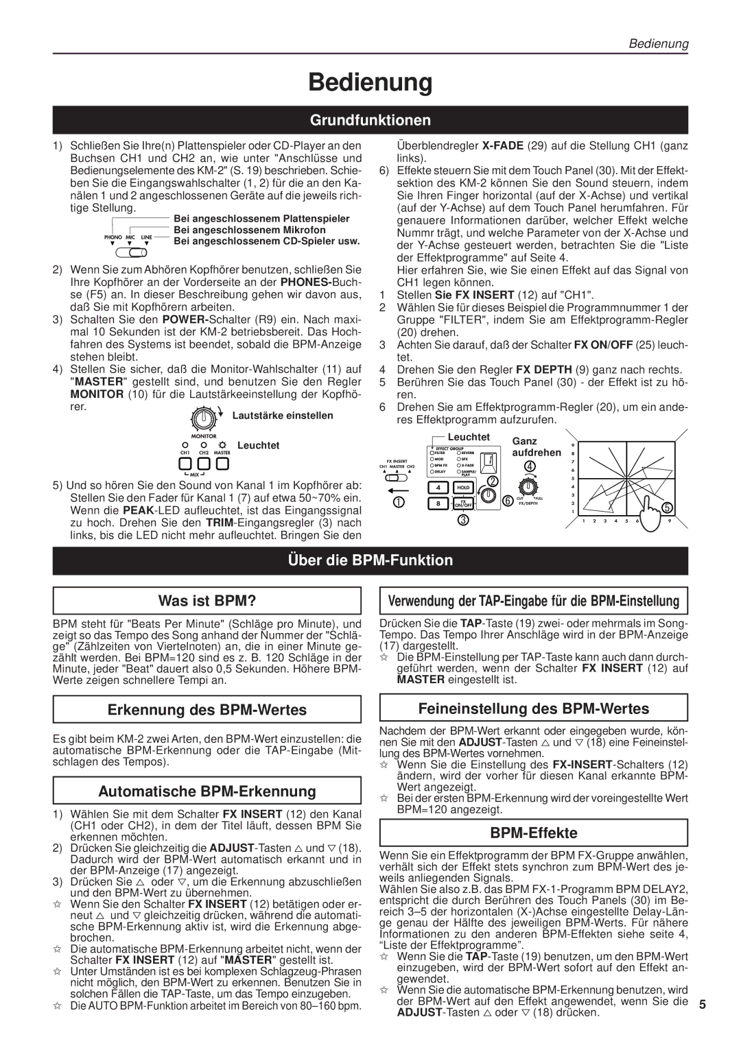 Korg KM-2 manual Bedienung, Grundfunktionen, Über die BPM-Funktion 