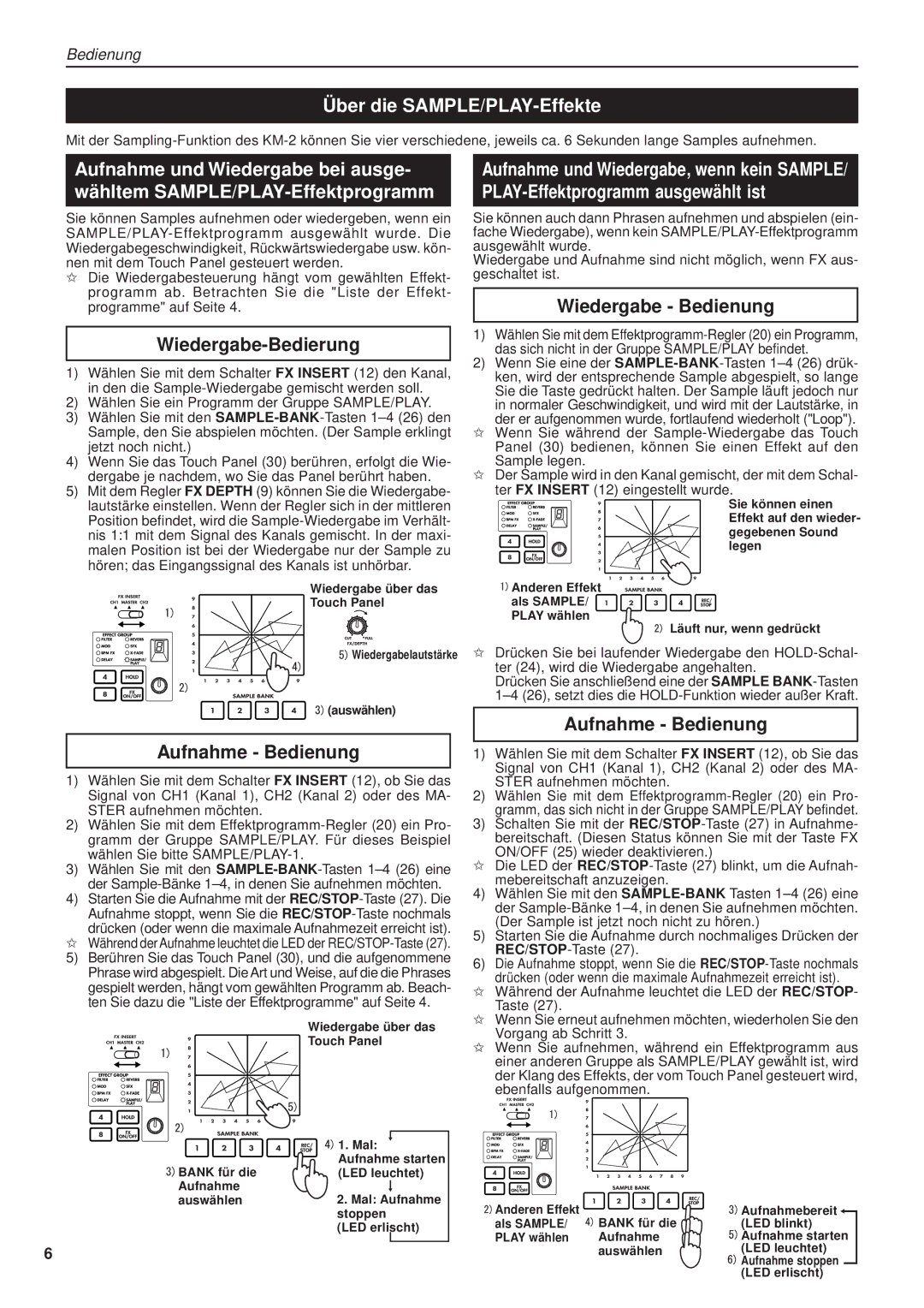 Korg KM-2 manual Über die SAMPLE/PLAY-Effekte, Wiedergabe-Bedierung, Aufnahme Bedienung, Wiedergabe Bedienung 