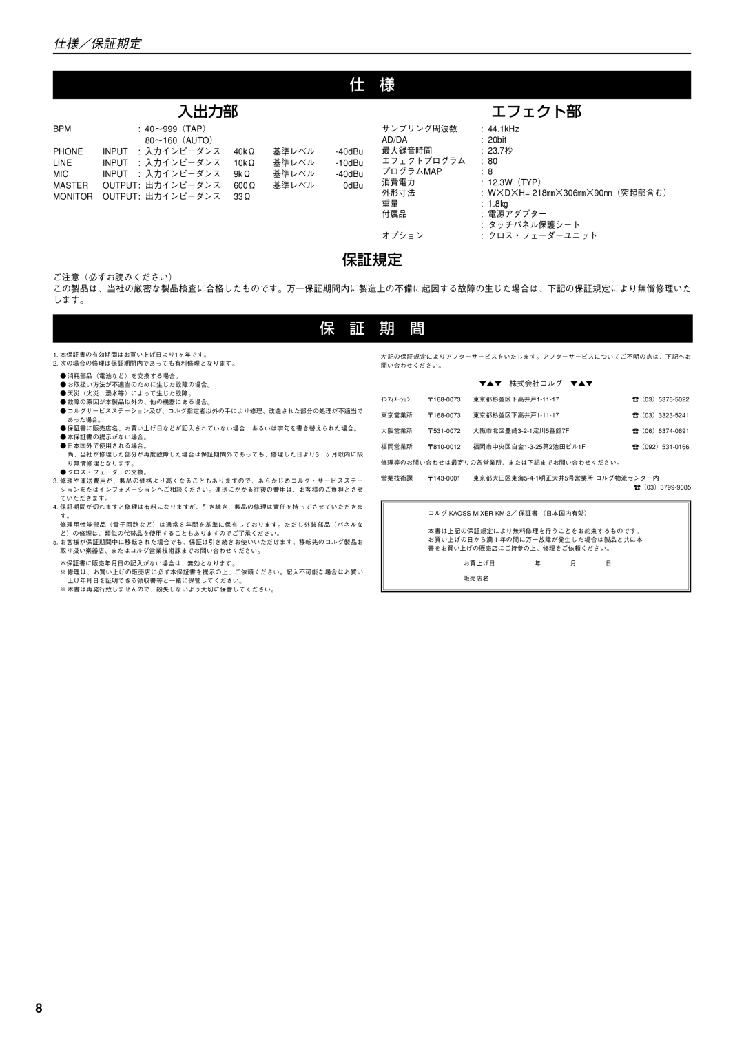 Korg KM-2 manual 入出力部 エフェクト部, 期 間 