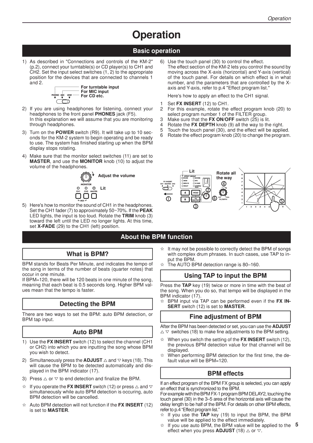 Korg KM-2 manual Operation, Basic operation, About the BPM function 