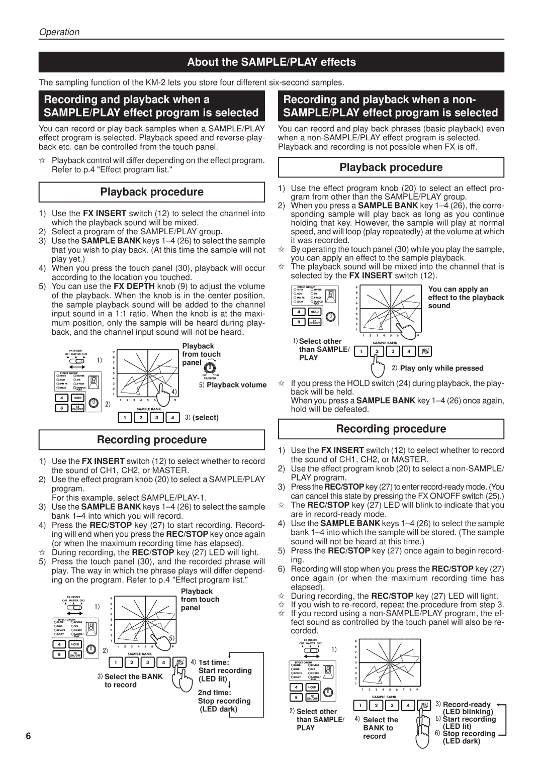 Korg KM-2 manual About the SAMPLE/PLAY effects, Playback procedure, Recording procedure 