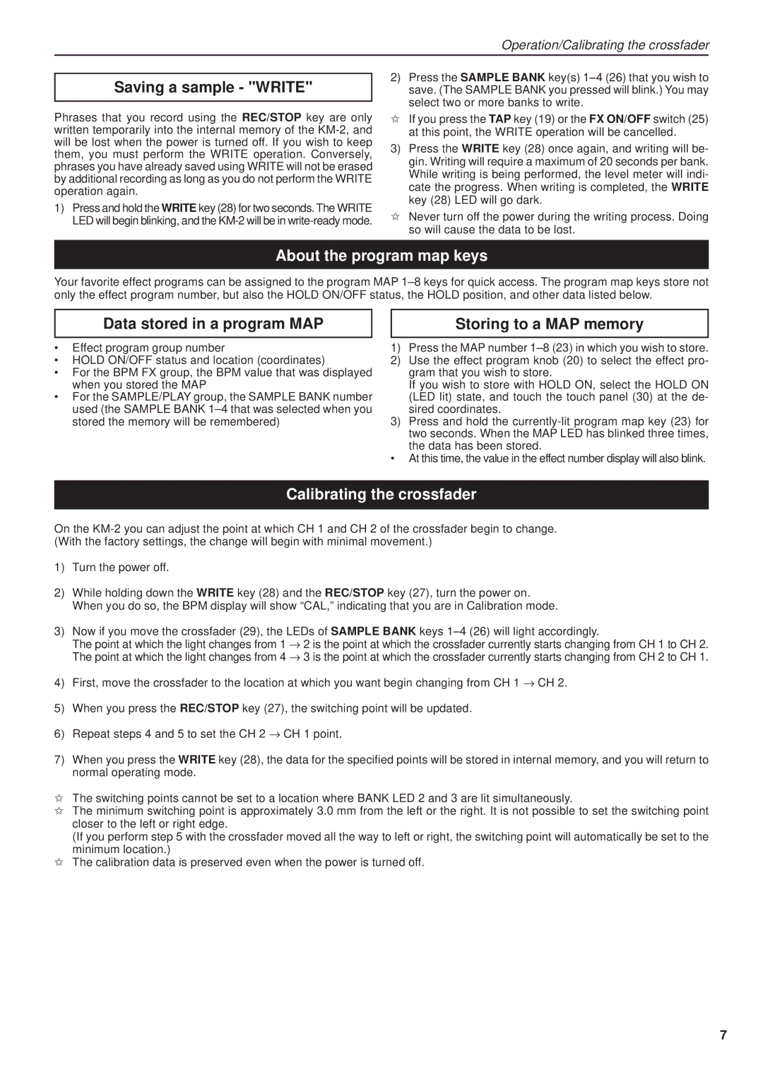 Korg KM-2 manual Saving a sample Write, About the program map keys, Data stored in a program MAP, Storing to a MAP memory 