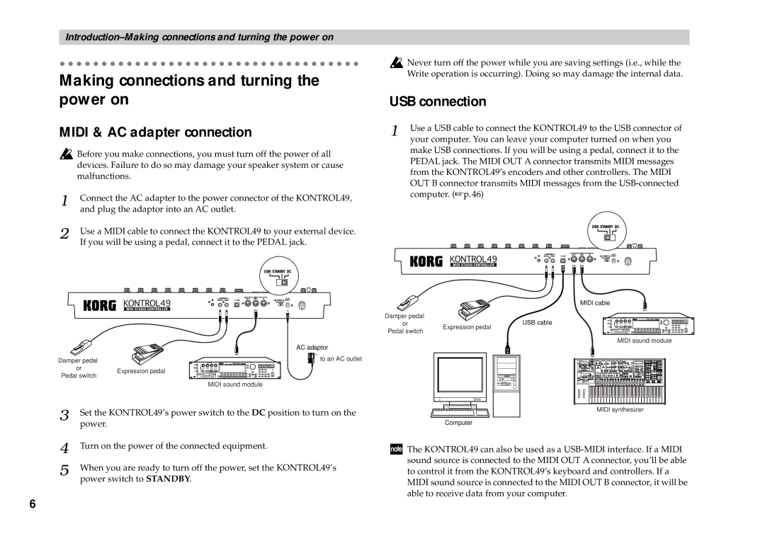 Korg KONTROL49 owner manual Making connections and turning the power on, Midi & AC adapter connection 