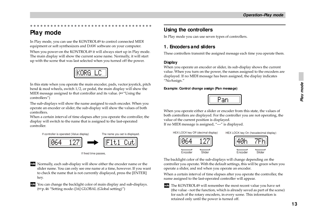 Korg KONTROL49 Play mode, Using the controllers, Encoders and sliders, Display, Example Control change assign Pan message 